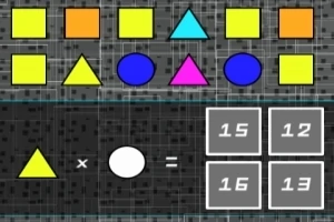 Různé barevné tvary a matematický úkol s výběrem odpovědí na tmavém pozadí