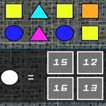 Různé barevné tvary a matematický úkol s výběrem odpovědí na tmavém pozadí