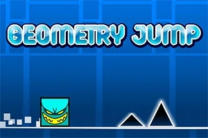 Modře laděný obrázek s textem Geometry Jump, animovanou postavičkou a dvouhlavými černými trojúhelníky