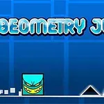 Modře laděný obrázek s textem Geometry Jump, animovanou postavičkou a dvouhlavými černými trojúhelníky