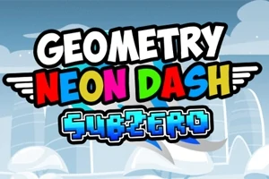 Text Geometry Neon Dash Subzero v pestrých barvách na modrém pozadí s křídly