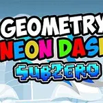 Text Geometry Neon Dash Subzero v pestrých barvách na modrém pozadí s křídly