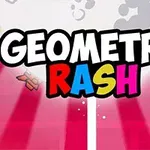 Barevný nápis GEOMETRY RASH na růžovo-bílém pozadí s hvězdami a raketou vlevo