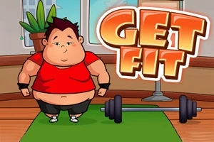 Karikatura postavy na zelené podložce s činkou v interiéru, s nápisem GET FIT
