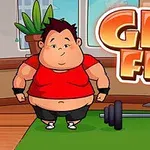 Karikatura postavy na zelené podložce s činkou v interiéru, s nápisem GET FIT