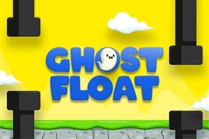 Žluté pozadí s nápisem GHOST FLOAT v modré barvě, obklopené černými trubkami a oblaky