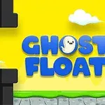 Žluté pozadí s nápisem GHOST FLOAT v modré barvě, obklopené černými trubkami a oblaky