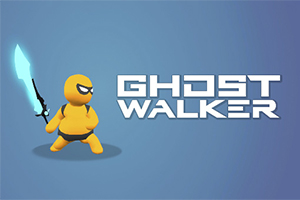 Žlutá kreslená postava s modrou zářící katanou stojí vedle nápisu GHOST WALKER na modrém pozadí
