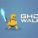 Žlutá kreslená postava s modrou zářící katanou stojí vedle nápisu GHOST WALKER na modrém pozadí