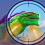 Barevný netvor s ozbrojenými raketami mířenými na něj přes zaměřovač, s městem a horami v pozadí