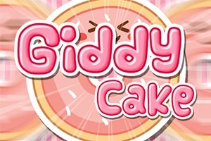 Název Giddy Cake v růžovém písmu na pozadí s obrázkem koláče