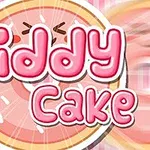 Název Giddy Cake v růžovém písmu na pozadí s obrázkem koláče