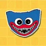 Modrá kreslená postava s velkými oči a širokým zubatým úsměvem na žlutém pozadí