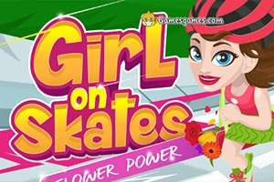 Barevná ilustrace dívky na kolečkových bruslích s květinami, doplněná nápisy Girl on Skates a Flower Power