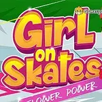 Barevná ilustrace dívky na kolečkových bruslích s květinami, doplněná nápisy Girl on Skates a Flower Power