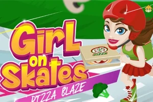 Dívka na bruslích v helmě držící krabici s pizzou vedle nápisu Girl on Skates: Pizza Blaze na barevném pozadí