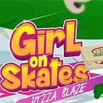 Dívka na bruslích v helmě držící krabici s pizzou vedle nápisu Girl on Skates: Pizza Blaze na barevném pozadí