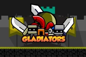 Název Gladiators obklopený kreslenými meči, helmou a štítem na tmavém pozadí s hradem