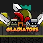 Název Gladiators obklopený kreslenými meči, helmou a štítem na tmavém pozadí s hradem