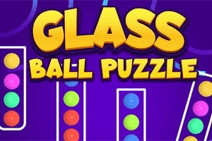 Barevné koule v trubicích s nápisem Glass Ball Puzzle na fialovém pozadí
