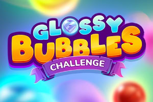 Barevný text Glossy Bubbles Challenge s duhovým pozadím a třpytivými bublinami