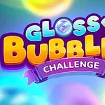 Barevný text Glossy Bubbles Challenge s duhovým pozadím a třpytivými bublinami