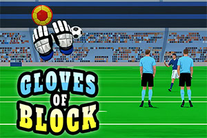 Ilustrace fotbalového hřiště se dvěma rozhodčími a hráčem, velké rukavice a dva míče, s nápisem GLOVES OF BLOCK
