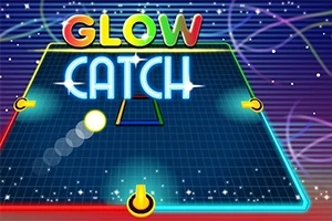 Barevná neonová herní plocha s nápisy GLOW a CATCH na tmavém pozadí s hvězdami a grafickými liniemi