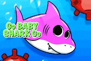 Růžový kreslený žralok plave ve vodě s bublinami kolem a červenými překážkami, text Go BABY SHARK Go vlevo