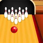 Červená bowlingová koule směřující k bíle pruhovaným kuželkám na dráze s červenými a žlutými pruhy