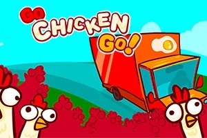 Kreslený obrázek s několika slepicemi a oranžovým nákladním autem s nápisem Go Chicken Go!