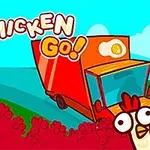 Kreslený obrázek s několika slepicemi a oranžovým nákladním autem s nápisem Go Chicken Go!
