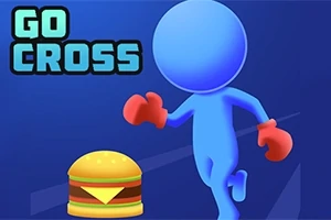 Modrá postava s červenými rukavicemi běží směrem k burgeru na modrém pozadí s textem GO CROSS