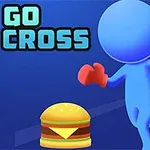 Modrá postava s červenými rukavicemi běží směrem k burgeru na modrém pozadí s textem GO CROSS
