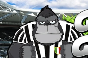 Kreslená gorila v černobílém pruhovaném dresu na stadionu
