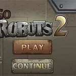 Náhled herního menu s logem robota, tlačítky Play a Continue na kovově působícím pozadí