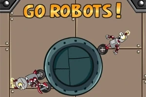 Dva kreslení roboti na šedém pozadí s nápisem GO ROBOTS!