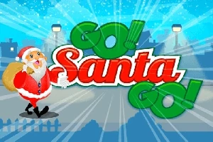 Santa Claus kráčející ulicí s velkým pytlem na zádech a nápisem Go Santa Go!