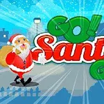 Santa Claus kráčející ulicí s velkým pytlem na zádech a nápisem Go Santa Go!