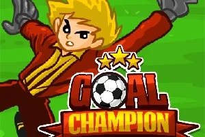 Postava brankáře s blonďatými vlasy v červeném dresu skáče po míči vedle textu Goal Champion na zeleném hřišti