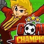 Postava brankáře s blonďatými vlasy v červeném dresu skáče po míči vedle textu Goal Champion na zeleném hřišti