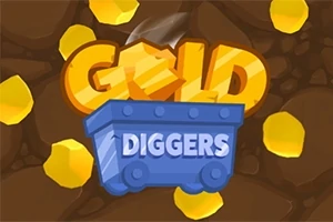 Logo s nápisem Gold Diggers s modrým vozíkem na pozadí hnědých kamenů a zlatých nugetů