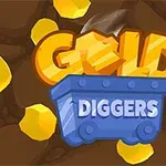 Logo s nápisem Gold Diggers s modrým vozíkem na pozadí hnědých kamenů a zlatých nugetů