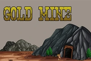 Ilustrace s nápisem Gold Mine nahoře, zobrazuje postavu stojící před vstupem do dolu ve skalnaté krajině