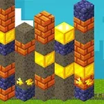 Postava s helmou drží krumpáč vedle sloupů barevných bloků na pixelové krajině