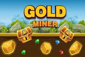 Nápis GOLD MINER nad kreslenou krajinou s poklady, drahokamy a zlatem podzemím