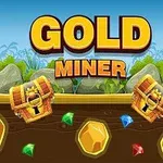 Nápis GOLD MINER nad kreslenou krajinou s poklady, drahokamy a zlatem podzemím