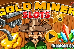 Muž s kloboukem uprostřed dřevěného pozadí, obklopený vozíkem, krumpáčem a krystaly, s nápisem Gold Miner Slots nahoře