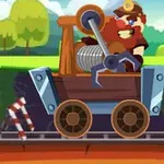 Postava horníka ovládajícího vozík na kolejích v kreslené krajině s lesem v pozadí
