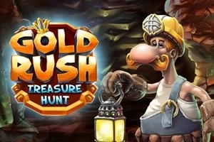 Karikatura horníka s lucernou a nápis Gold Rush Treasure Hunt v jeskyni